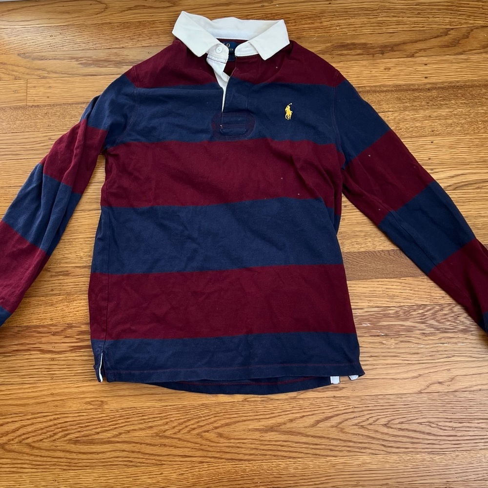 Mens Polo Ralph Lauren Red and Navy Striped Long sleeve polo shirt